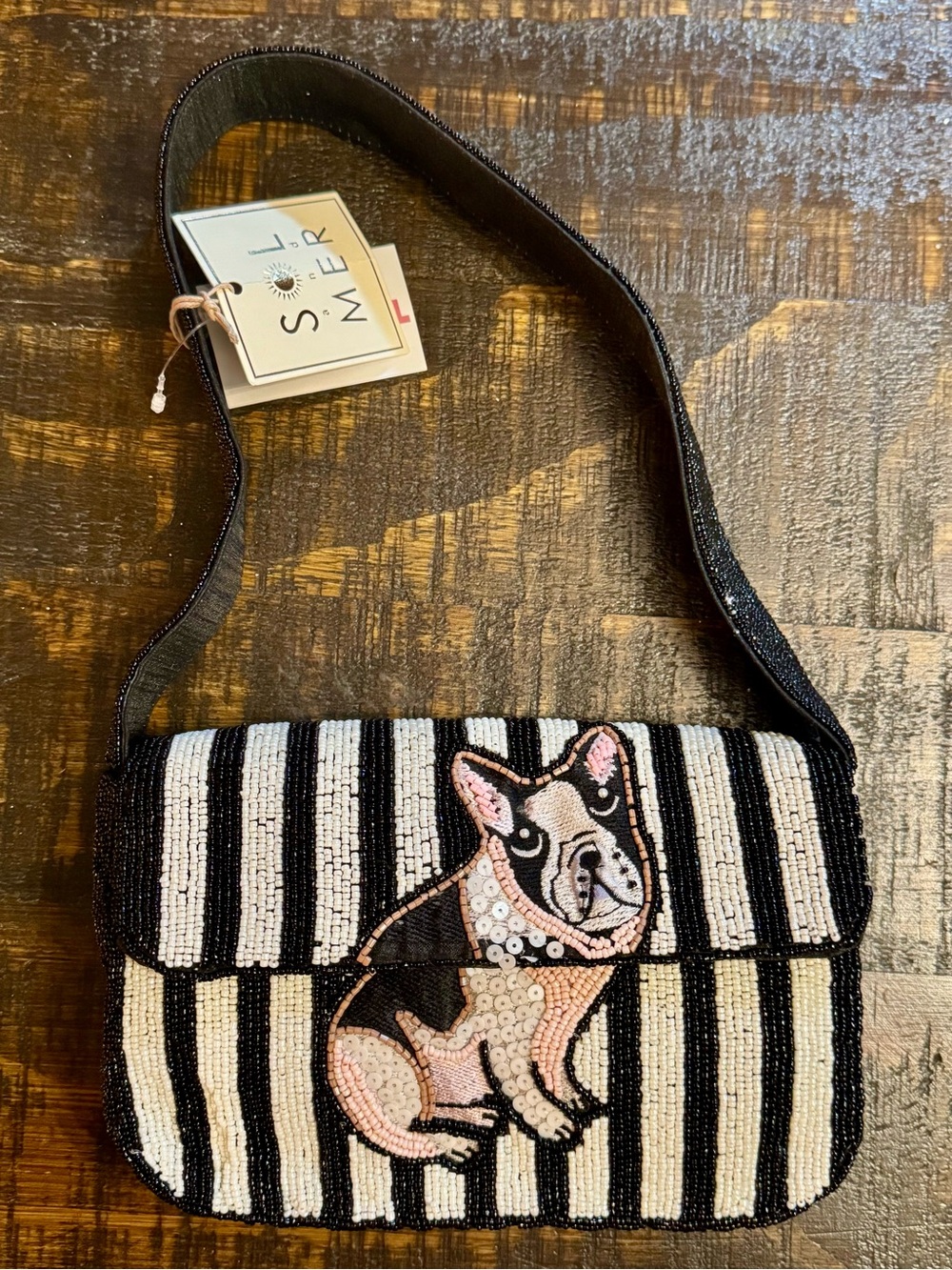 Sol and Mer Black and White
Beaded Shoulder Bag with Beaded French Bulldog